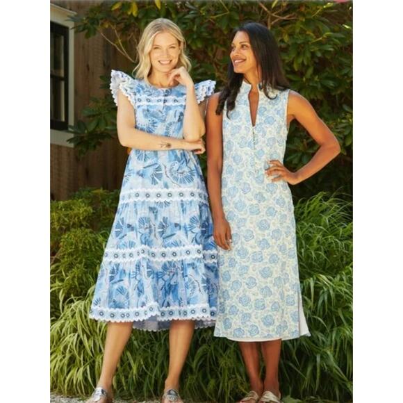 Sail To Sable Linen Blend Midi Dress Rose Floral Blue Resort Cottage XXS NWT - Picture 3 of 16